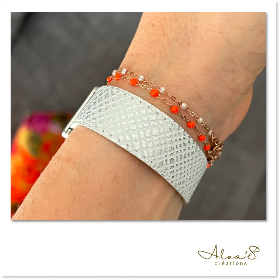 Bracelet lanière cuir de chèvre blanc avec reflets argentés