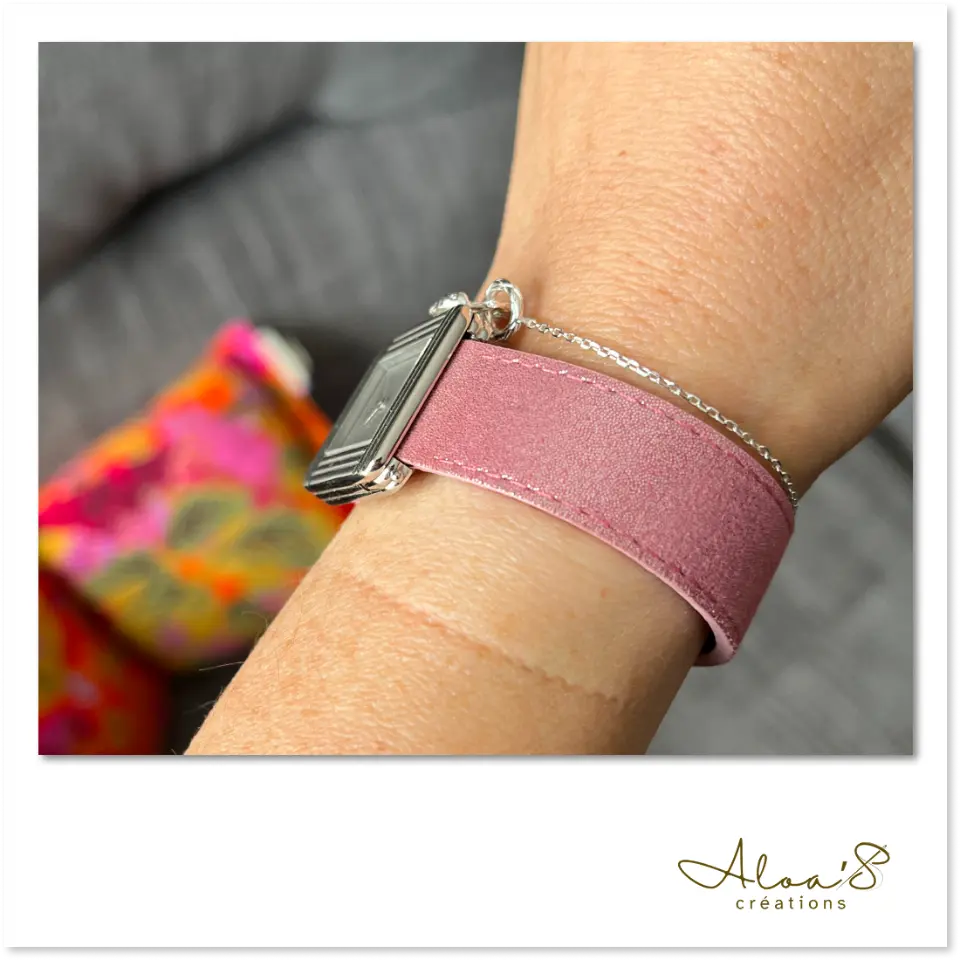 Bracelet lanière cuir rose pour montre Poiray ou OJ